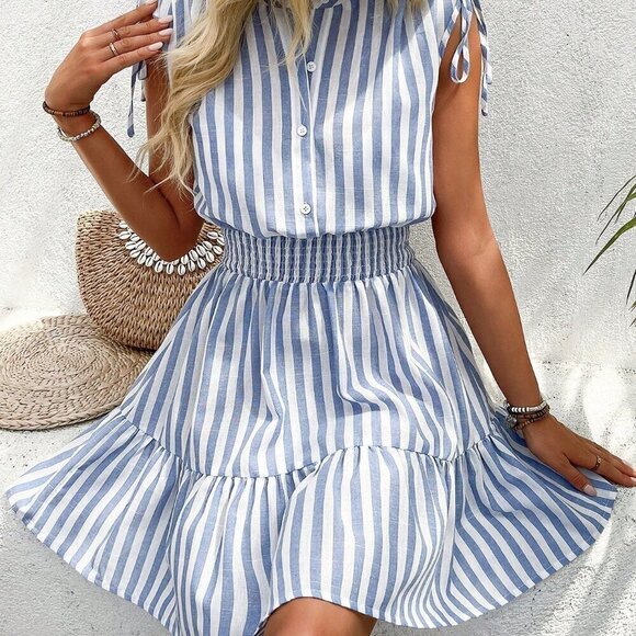 Blue & White Casual Women's Summer Striped Cotton Dress With Shoulder Pleats - Picture 5 of 7